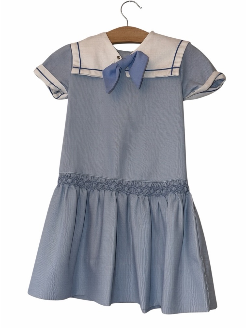 Vtg Polly Flinders blue striped nautical sailor smocked waist dress sz 6